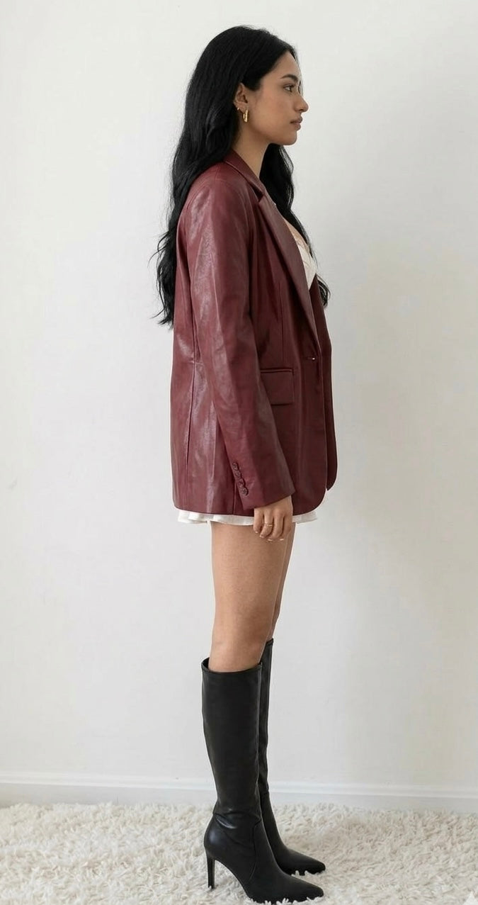 The Burgundy Maven Leather Blazer