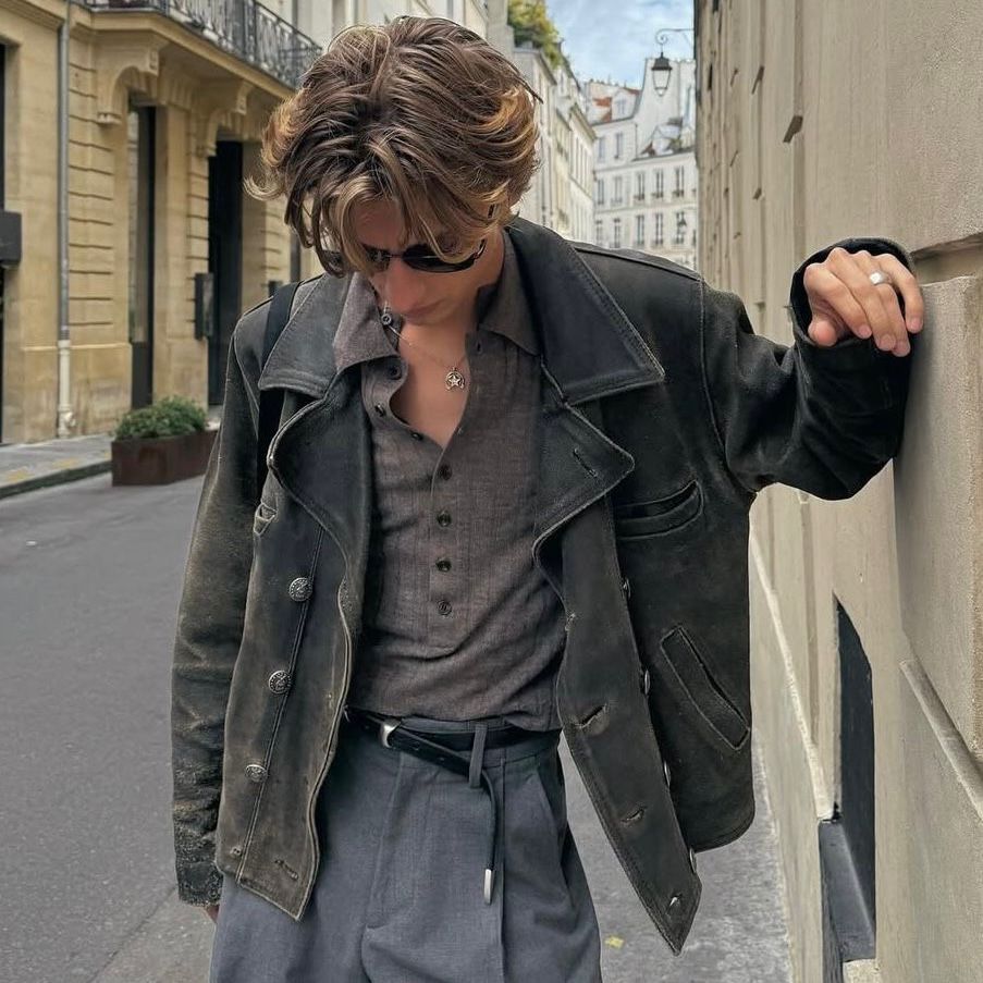 Vintage-Wash Oversized Leather Peacoat