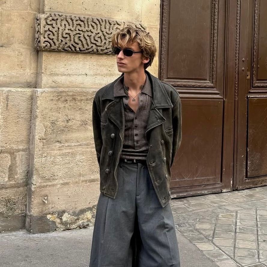 Vintage-Wash Oversized Leather Peacoat