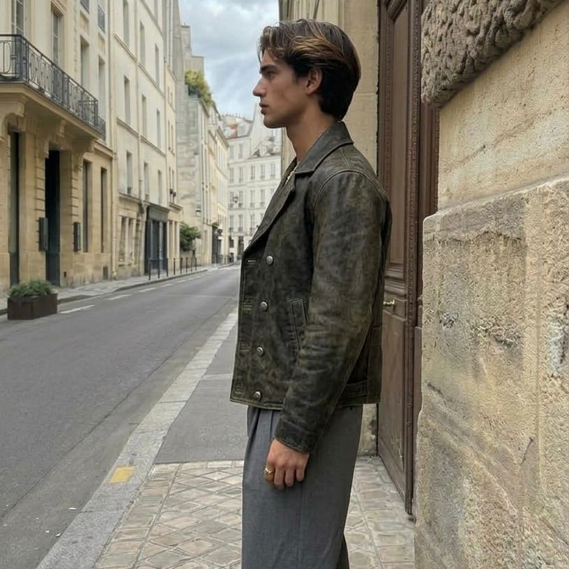 Vintage-Wash Oversized Leather Peacoat